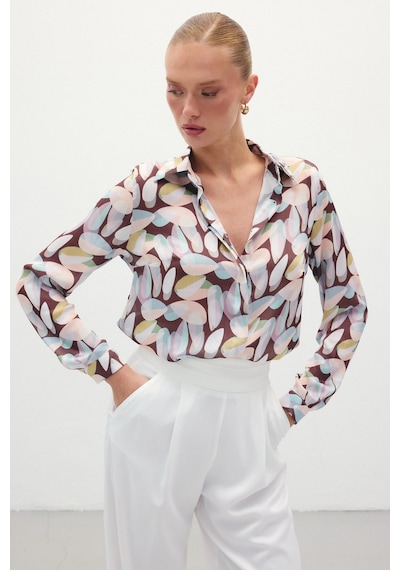 Sateen Desenli Uzun Gömlek - Kahve-136126 Kahve