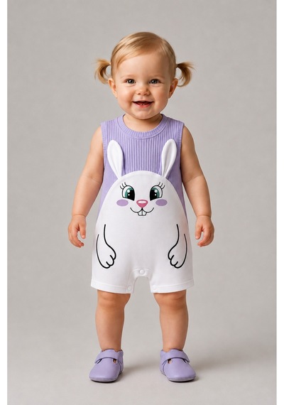 Babyden's Kız Bebek Tulum Yazlık %100 Pamuk Ribana Kolsuz Tavşan Baskılı Çıtçıtlı Bebek Tulumu 0-9 Ay Lila