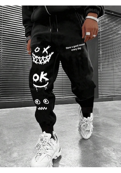 Cartoon & Slogan Graphic Drawstring Waist Eşofman Altı Siyah