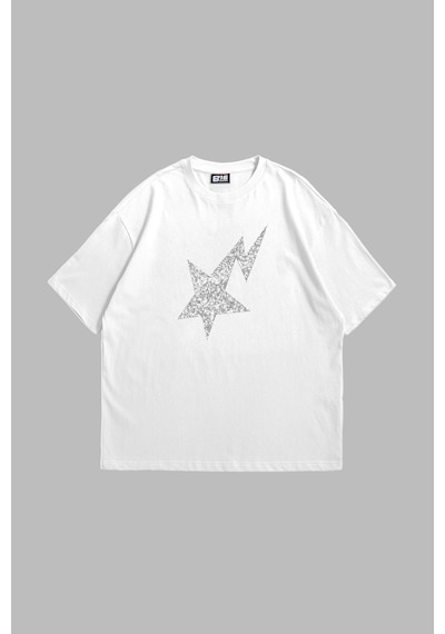 Tarzsokak Shining Star Taş Baskılı Oversize Unisex Beyaz Beyaz