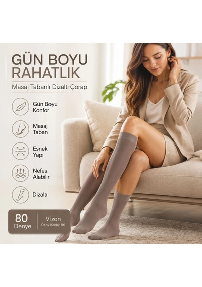 Genel Kadın 3'lü Anne Masaj Tabanlı Dizaltı Çorap 80 Denye Esnek Rahat Günlük Kul Vizon / 36-40 / 3 Adet