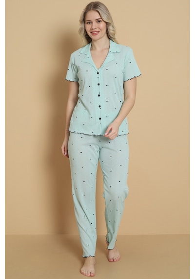 Wordex Mirano 1712 Minik Kalp Desenli Pointel İnce Kumaş Düğmeli Kısa Kollu Kadın Pijama Takımı Yeşil Wordex Mirano 1712 Minik Kalp Desenli Pointel İnce Kumaş Düğmeli Kısa Kollu Kadın Pijama Takımı Yeşil
