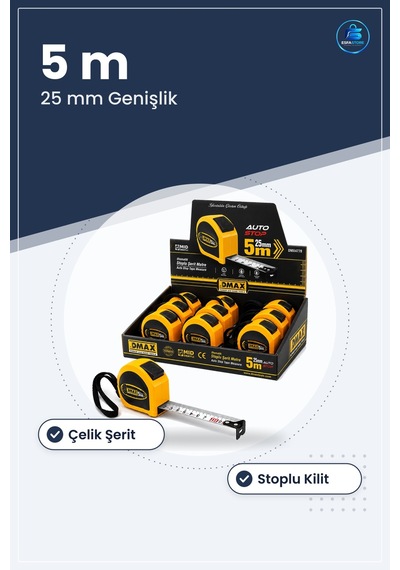 Şerit Metre 5m X 25mm Otomatik Çelik Stoplu Ölçüm Aleti Kompakt M 5 M
