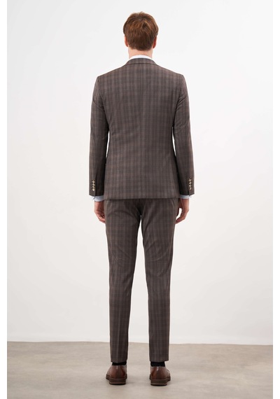 Morven Erkek Kahve Poliviskon Trend Yelekli Ekoseli Slim Fit Sivri Yaka Takım Elbise 24mc001130400 Kahve