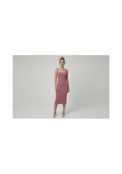 Neden Tekstil Premium Fit Kare Yaka Fitilli Triko Midi Elbise - Koyu Pembe