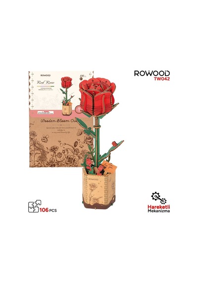 Rowood Tw042 Kırmızı Gül Red Rose Dıy Minyatür Maket Model Set Ahşap 3d Wooden Puzzle 3d Model Kit Ahşap Maket Dekoratif Hobi Seti