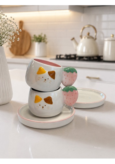 Kedi Desenli Çilek Kulplu 2'li Kahve Fincanı 140 Ml Diğer