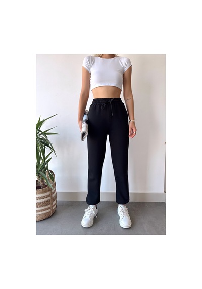 Gugus Trend Kadın Kışlık Kalın İçi Polarlı Yüksek Bel Paçası Lastikli Basic Jogger Eşofman Altı Siyah