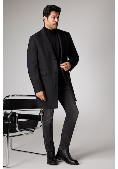 AC&Co / Altınyıldız Classics Erkek Sıyah Standart Fit Normal Kesim Mono Yaka Armürlü Kapak Cepli Palto Siyah