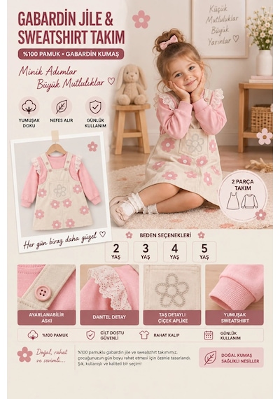 Nota Kids Kız Çocuk Çiçek Desenli Jile Elbise Takım Dantel Kollu Pudra Sweatshirt Ve Askılı Elbise Krem