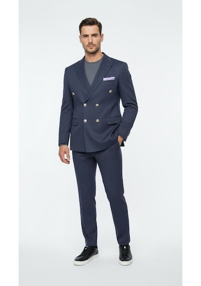 Erkek Kruvaze Gold Düğmeli Dokulu Likralı Kumaş Blazer Ceket Modern Kesim Şık Tasarım Lacivert