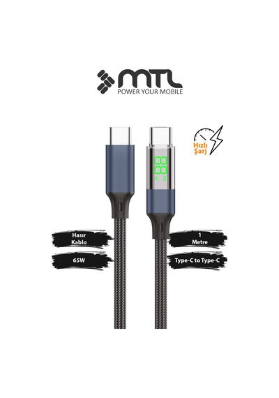 65w Pd Type-c To Type-c Dijital Watt Göstergeli Hızlı Şarj Ve Data Kablosu 1 Metre Siyah Mt2155