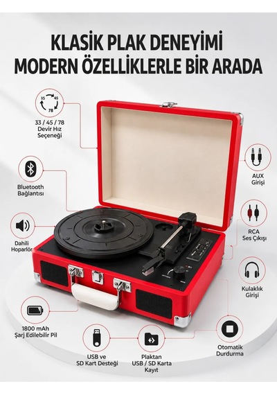Astraltech Bavul Tipi Plak Çalar 33 45 78 Devir Bluetooth Dahili Hoparlör