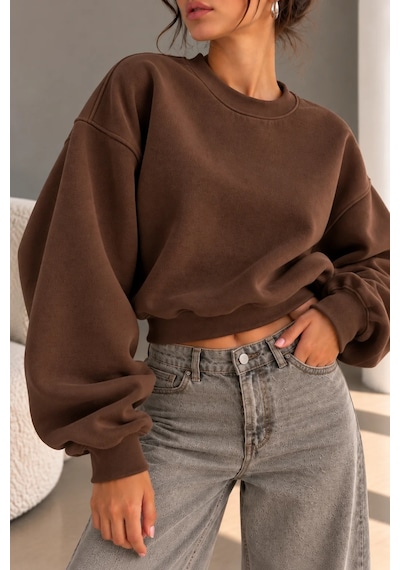 Bbbutikbasic 3 İplik Şardonlu Kısa Sweatshirt Bisiklet Yaka Kadın 3 İplik Şardonlu My3535 Kahverengi