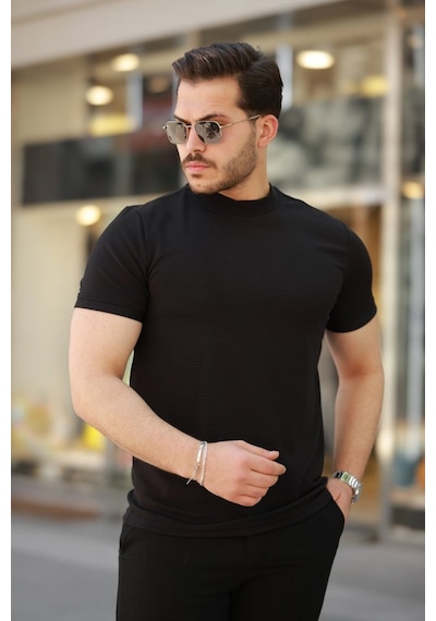 Erkek Ince Çizgi Dokulu Kısa Kollu T-shirt Siyah