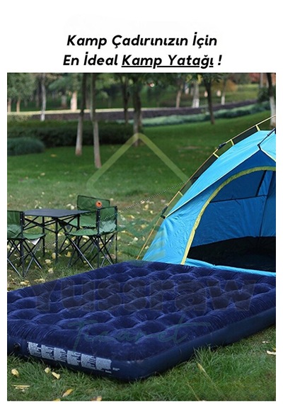 Çift Kişilik Şişme Yatak 2 Adet Hediyeli Yastık Dahil 191x137x22 Cm - Şişme Kamp Yatağı Lacivert
