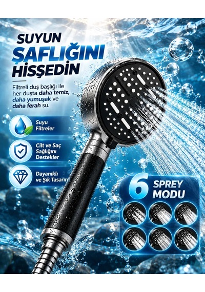6 Sprey Modlu Filtreli Duş Başlığı Büyük Su Paneli Silikon Nozullu Modern Tasarım Diğer