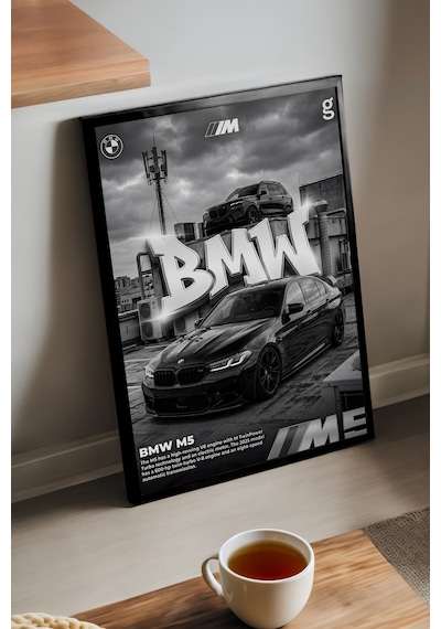 Bmw M5 Siyah Ahşap Çerçeveli Poster, Dekoratif Araba Duvar Tablosu