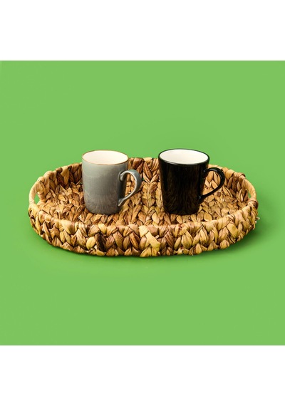 Orta Boy Örgü Oval Tepsi Sepet - Kahverengi - 38x29x5 Cm
