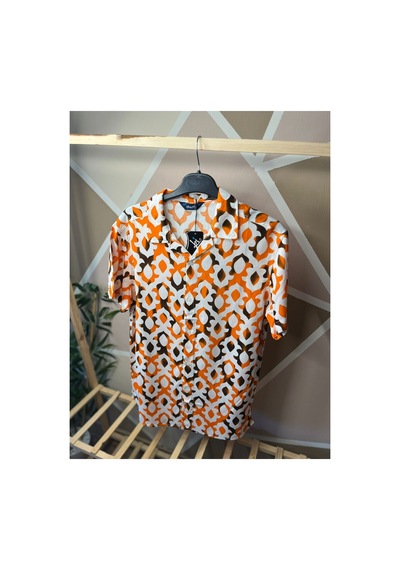 Mfz Giyim Erkek Kısa Kollu Slim Fit Dar Kesim Apaş Yaka Desenli Viskon Yeşil - Beyaz Gömlek