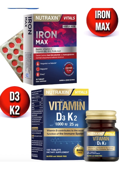 Nutraxin Iron Max - 30 Adet Tablet + Nutraxin D3 & K2 - 120 Adet Tablet