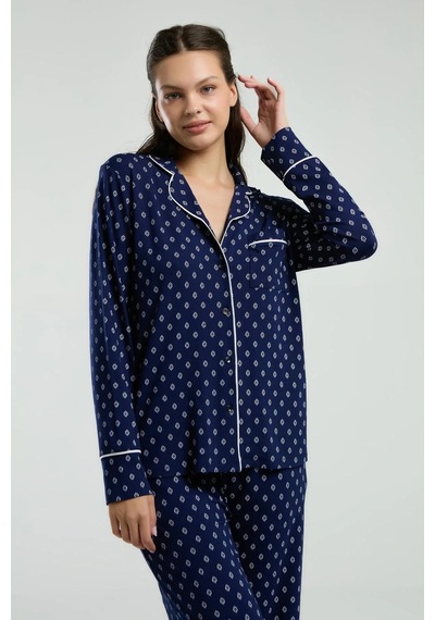 Pierre Cardin Boydan Düğmeli, Uzunkol Desenli Pijama Takım, Kutulu Çeyizlik Pijama Takım, %96 Viskon Lacivert