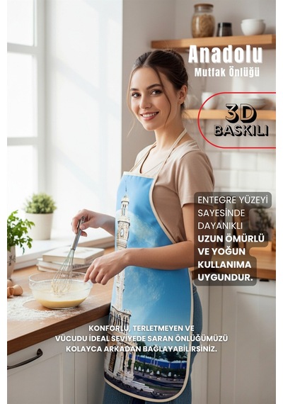 Anadolu 3 Boyutlu Mutfak Önlüğü 3d Baskılı Mutfak Önlüğü Sıvı Su Geçirmez Mutfak Önlüğü Saat Kulesi