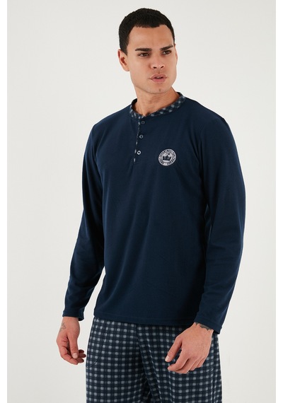 Buratti Ekoseli Yumuşak Dokulu Regular Fit Uzun Kollu Erkek Pijama Takımı 609611030 Lacivert-Gri