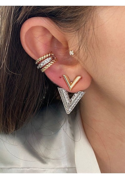 Pinery Jewels Vıp Seri - 3 Sıra Altın Gümüş Renk Kadın Earcuff Kıkırdak Küpe Altın