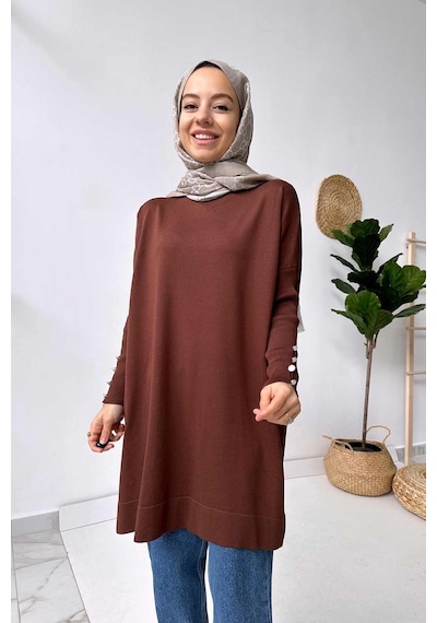 Kahijab Kol Detay Merserize Tunik - Kahverengi