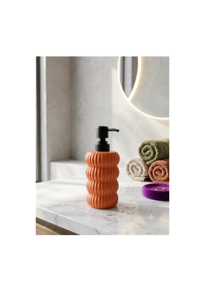 Dalgalı Seramik Mat Siyah Pompalı Sıvı Sabunluk - 400 Ml - 18 X 8 X 7 Cm Turuncu