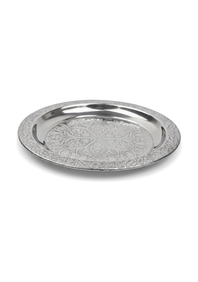 Binbir Trend 18 Cm İşlemeli Kenarlı Otantik Desenli Krom Çelik Meze Ve Servis Tabağı 1 Adet Gümüş