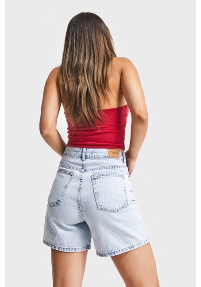Itsbasic Kadın Ice Kot Rengi 3s5-3 Kırmızı Çiçek Nakışlı Midi Boy %100 Koton Rahat Kesim Tasarım Denim Şort Ice Rengi