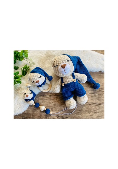 Adenya Sepeti Sepeti Masala Ayıcık Set Lacivert Renk Örgü Amigurumi Oyuncak + Diş Kaşıyıcı + Emzik Askısı