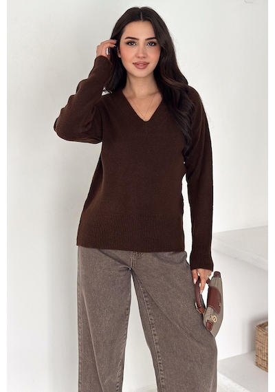 Noa & Noa Kadın V Yaka Triko Kazak Cozy Neutral kahverengi