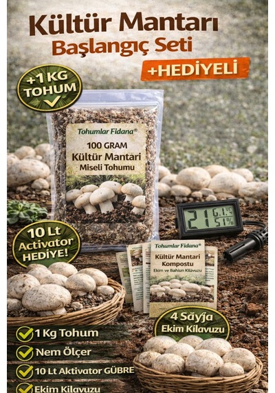 Kültür Mantarı Başlangıç Seti 1 Kg Tohum + Nem Ölçer + 10 Lt Activator 4 Sayfa Klavuz Hediyeli