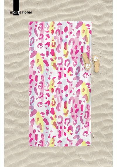 Marte Home Pink Leopard - Baskılı Plaj Havlusu Beyaz, Pembe