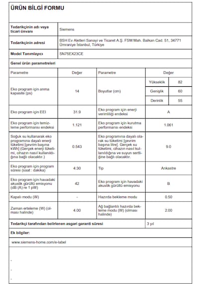 Siemens SN75EX23CE iQ500 7 Programlı 14 Kişilik Tam Ankastre Bulaşık Makinesi