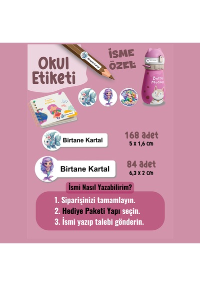 Okul Etiketi Kalem Defter Etiketi Deniz Perisi Özel İsim Yazılabilen Etiket - 252adet