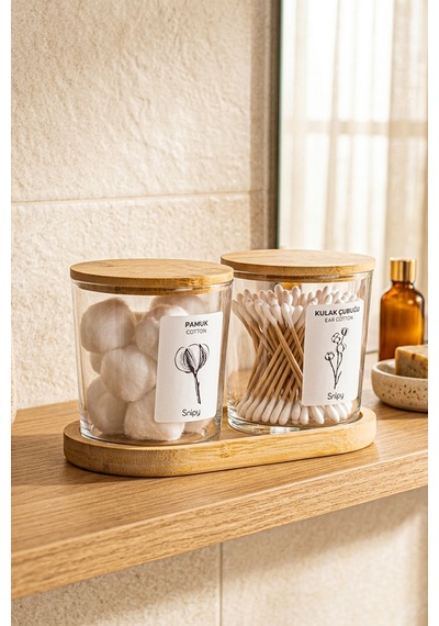 Bamio - Bambu Standlı Bambu Kapaklı Etiketli Banyo Düzenleyici Cam Banyo Seti Banyo Organizeri 2 'li Açık Ahşap