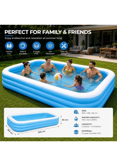 Jumbo Büyük Boy Şişme Havuz, 3.05 Metre Geniş Aile Havuzu, 3 Katmanlı Dayanıklı Pvc Uv Güneşe Dayanıklı, Çi Diğer
