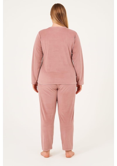 Pemilo Kadın 13213-2654 Büyük Beden Kadife Pijama Takımı Pudra Pudra