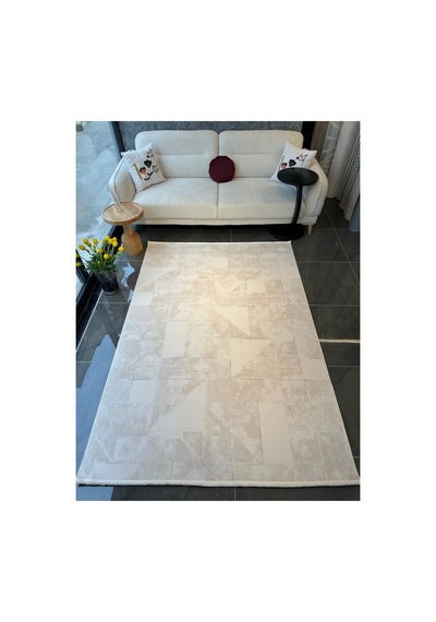 Merinos Vista Krem Renk %100 Akrilik Parlak Dokuma Bej Geometrik Desenli Yumuşak Dokulu Salon Oturma Odası Halısı 76644-61