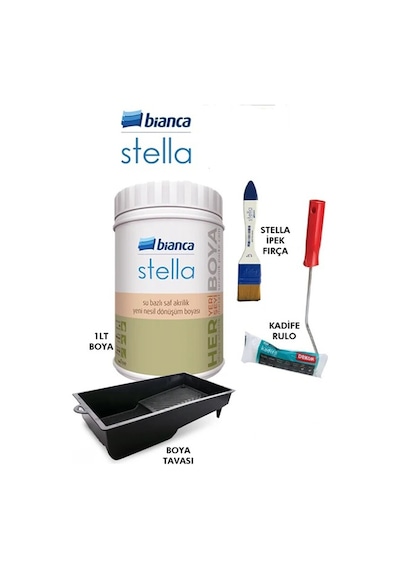 Bianca Stella Boya 1 L Boya + Boya Tavası + Stella İpek Fırça + Kadife Rulo 4 Parçalı Set Antrasit Gri
