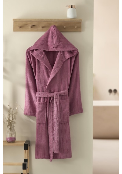 Saten Çizgili Unisex Pamuklu Bornoz Mürdüm