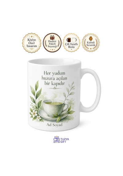 Yeşil Çay Temalı Baskılı Kupa Bardak Hediye Porselen Mug Özel Tasarım Beyaz / Çok Renkli