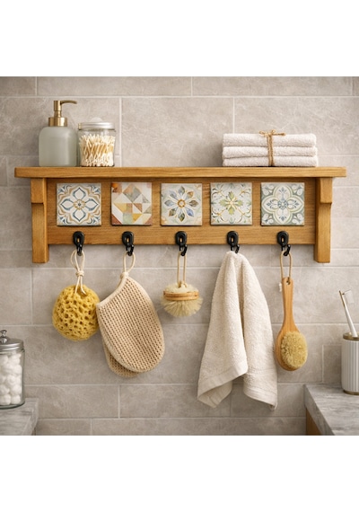 5askılı Doğaltaş Dekorlu Ahşap Duvar Düzenleyici Giriş Holü Anahtarlığı, Mutfak Ve Banyo Duvar Rafı 42x12-5 Askılı