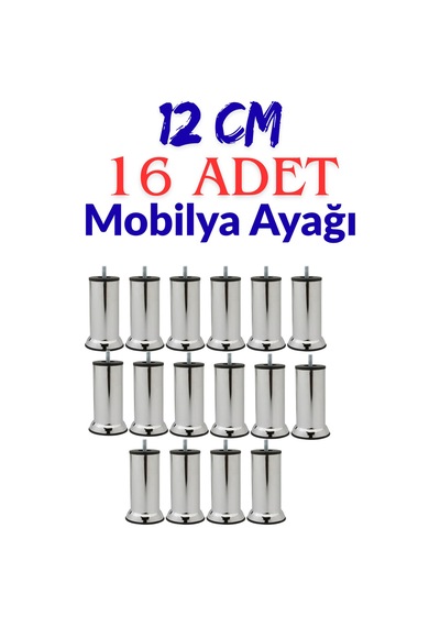Klc 16 Adet M8 İnce Diş Krom Metal Mobilya Ayağı - Kanepe, Baza, Koltuk Yükseltme Ayağı 12 Cm Gri Gri
