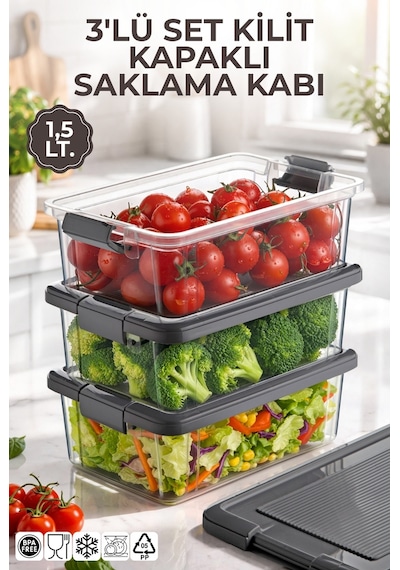 3'lü Set 1,5lt. Decobox Çok Amaçlı Saklama Kabı - Piknik Taşıma Seti - 1,5lt. Antrasit