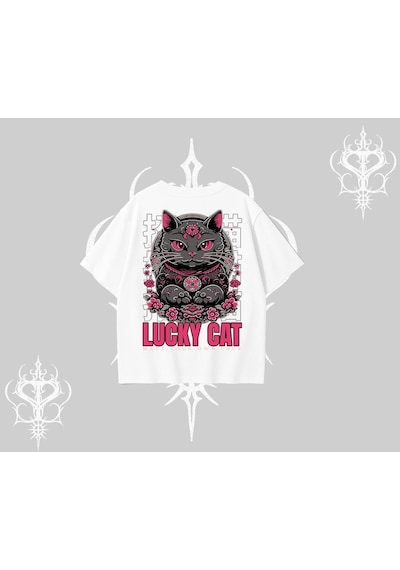 Tarzsokak Lucky Cat Japon Tarzı Kedi Baskılı Oversize Tshirt Beyaz